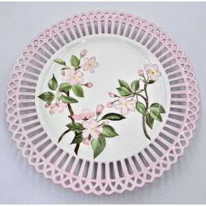 Pink Reticulated Pierced Lattice Rim Porcelain Plate Pink Crab Apple Blossoms 9"